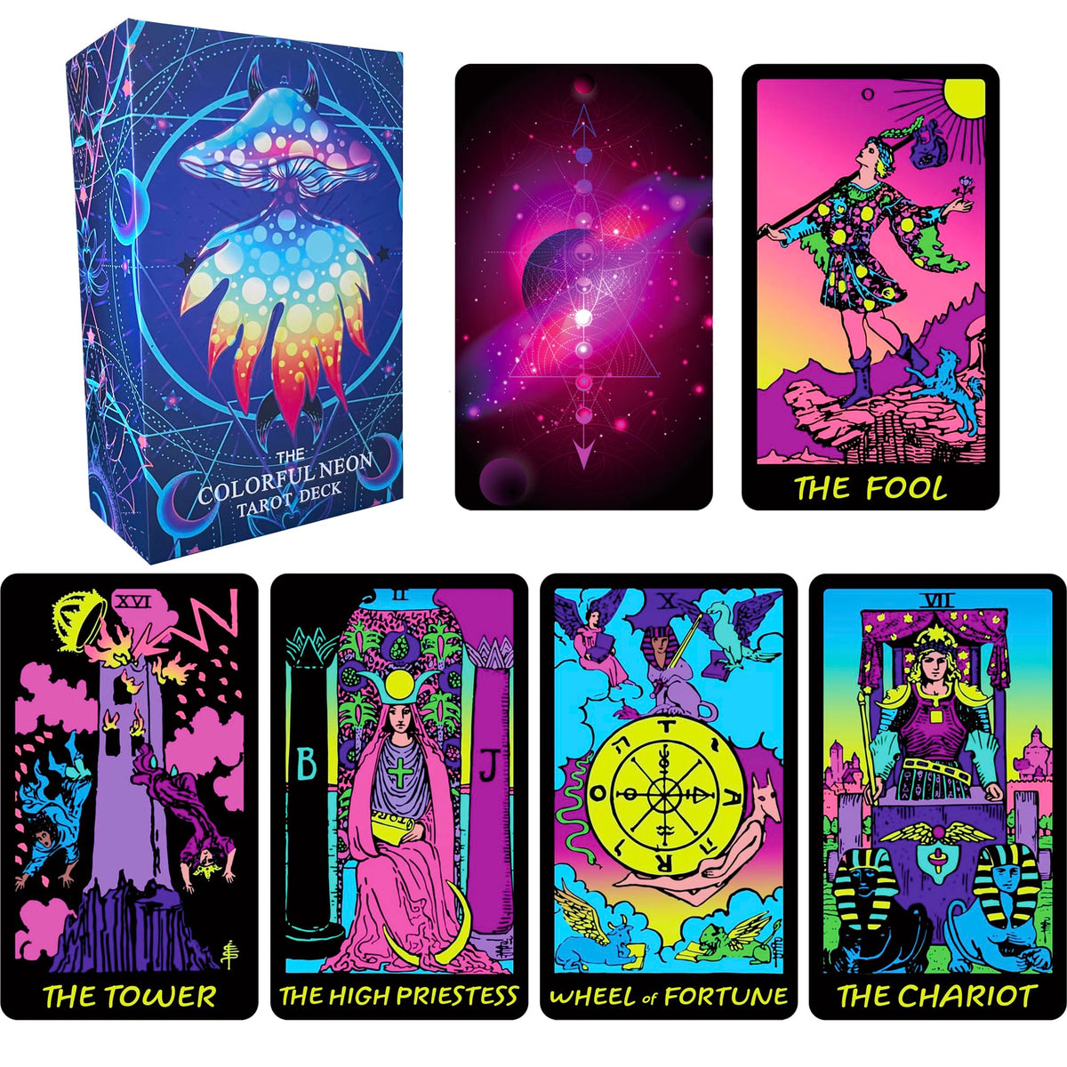 Jrskvaro neon tarot deck cover and box with vibrant colors for eye-catching display