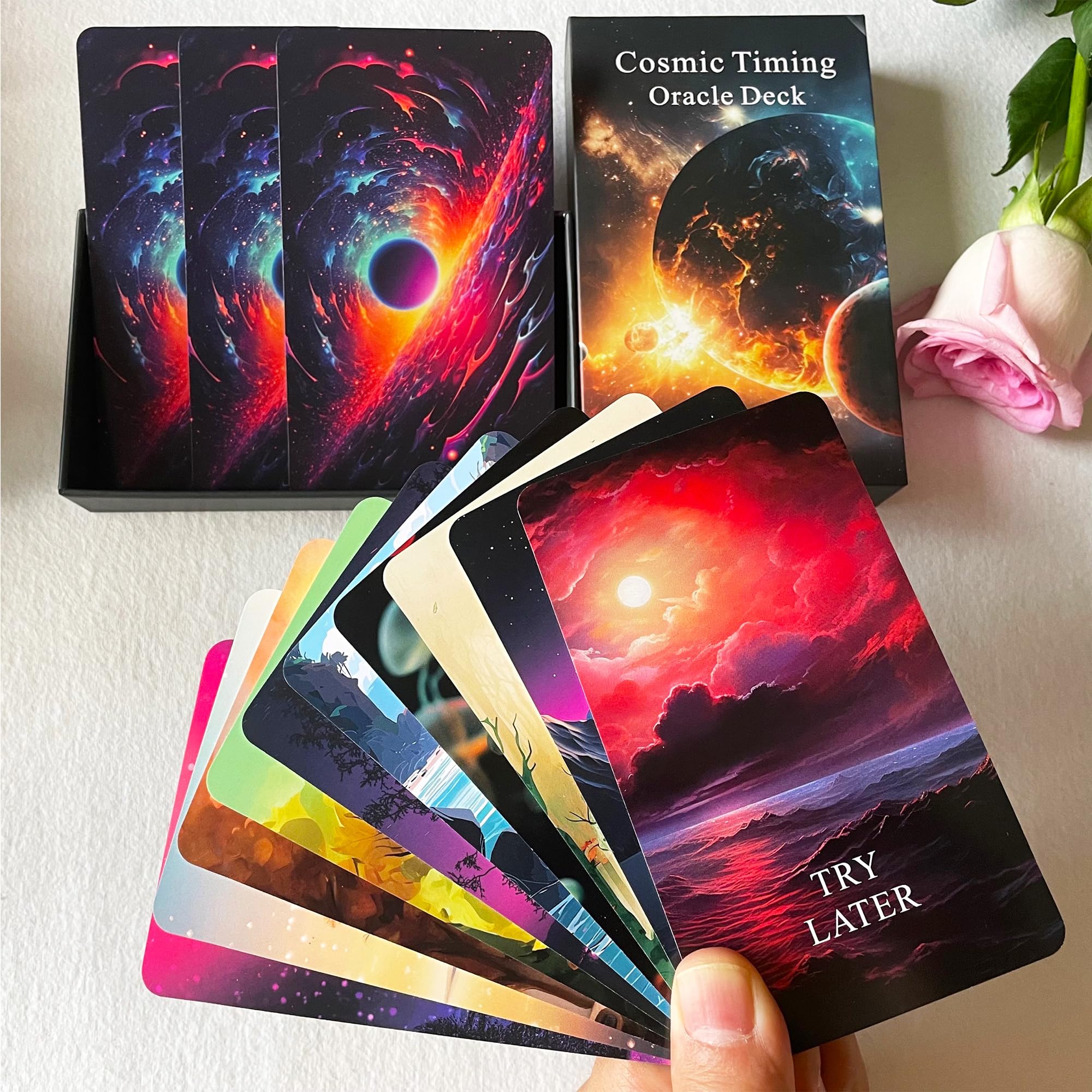 Jrskvaro Time Oracle Cards Deck cover with cosmic artwork for intuitive timing insights.