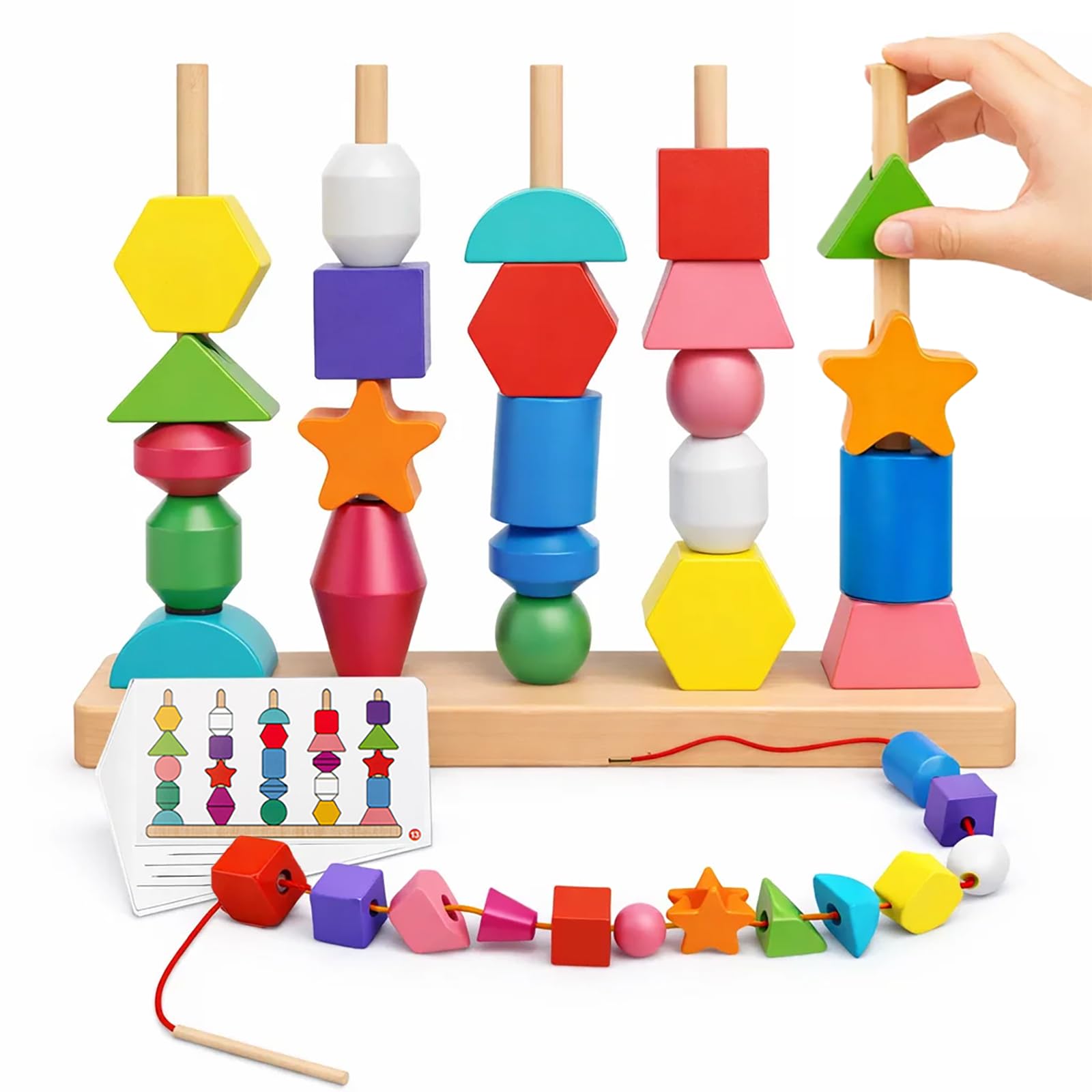 JRUXJWI Montessori wooden threading beads stand at center for stacking play