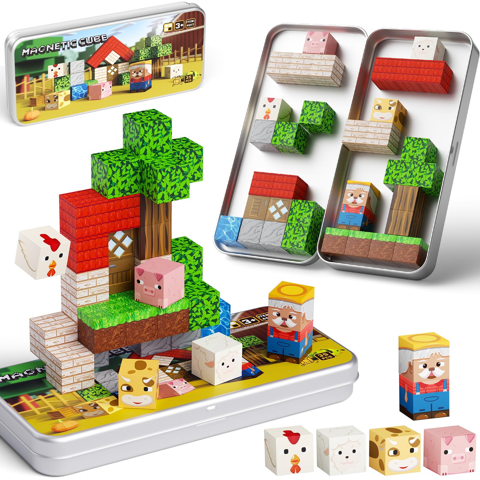 JSDKFJSA Mini Magnetic Blocks Farm Animals with portable iron box for travel play and storage