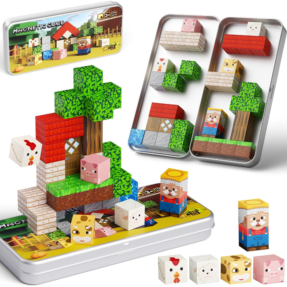 JSDKFJSA Mini Magnetic Blocks Farm Animals with portable iron box for travel play and storage