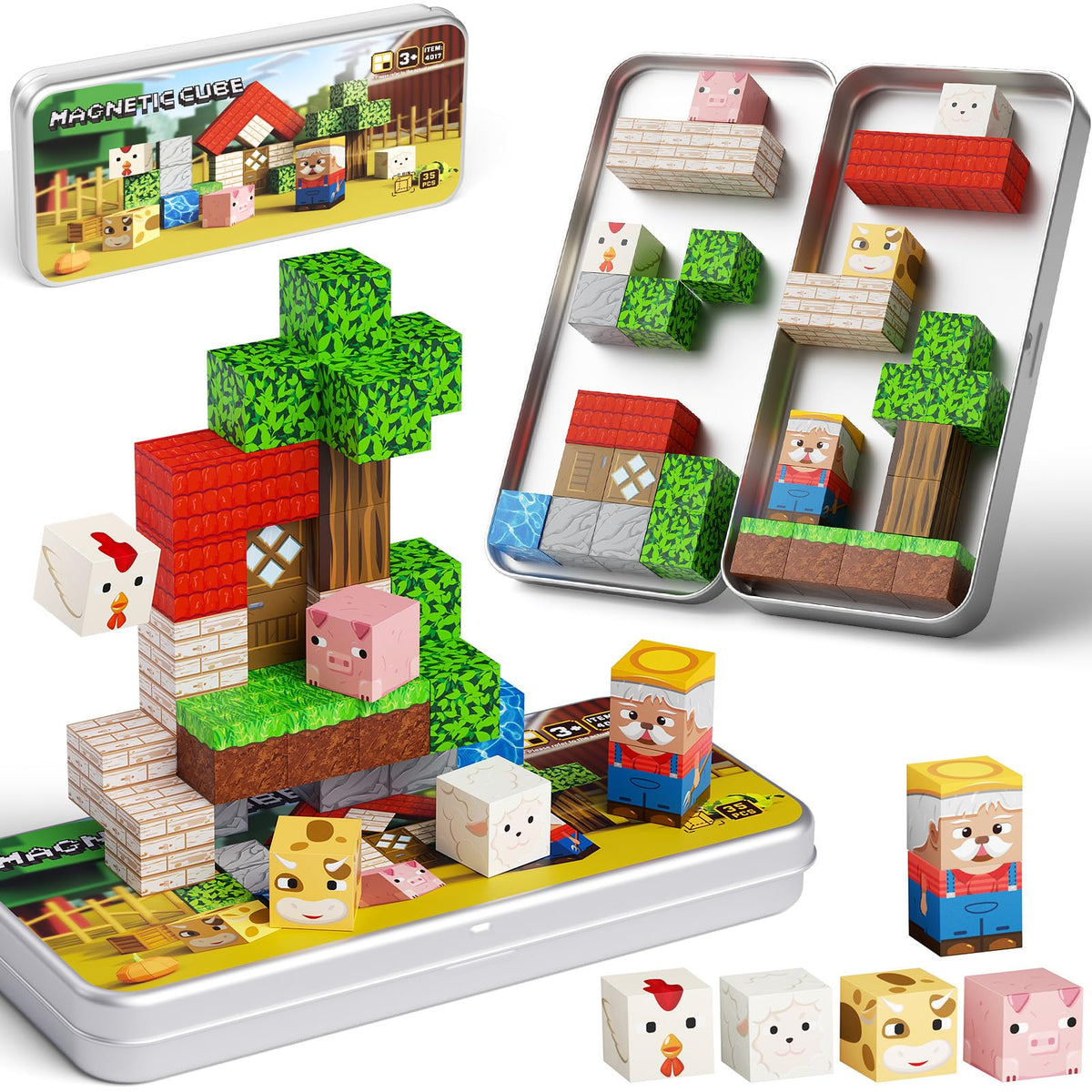 JSDKFJSA Mini Magnetic Blocks Farm Animals with portable iron box for travel play and storage
