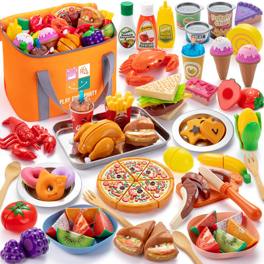 Juboury pretend play food set with tray and plates for realistic kitchen role play.
