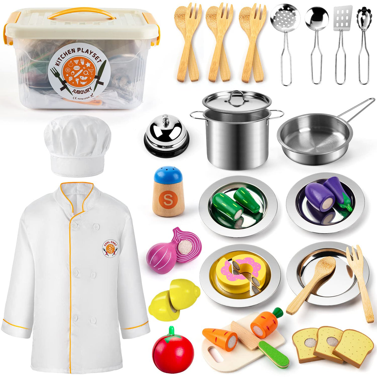 Juboury pretend play kitchen stainless steel pots and lids for realistic cooking play