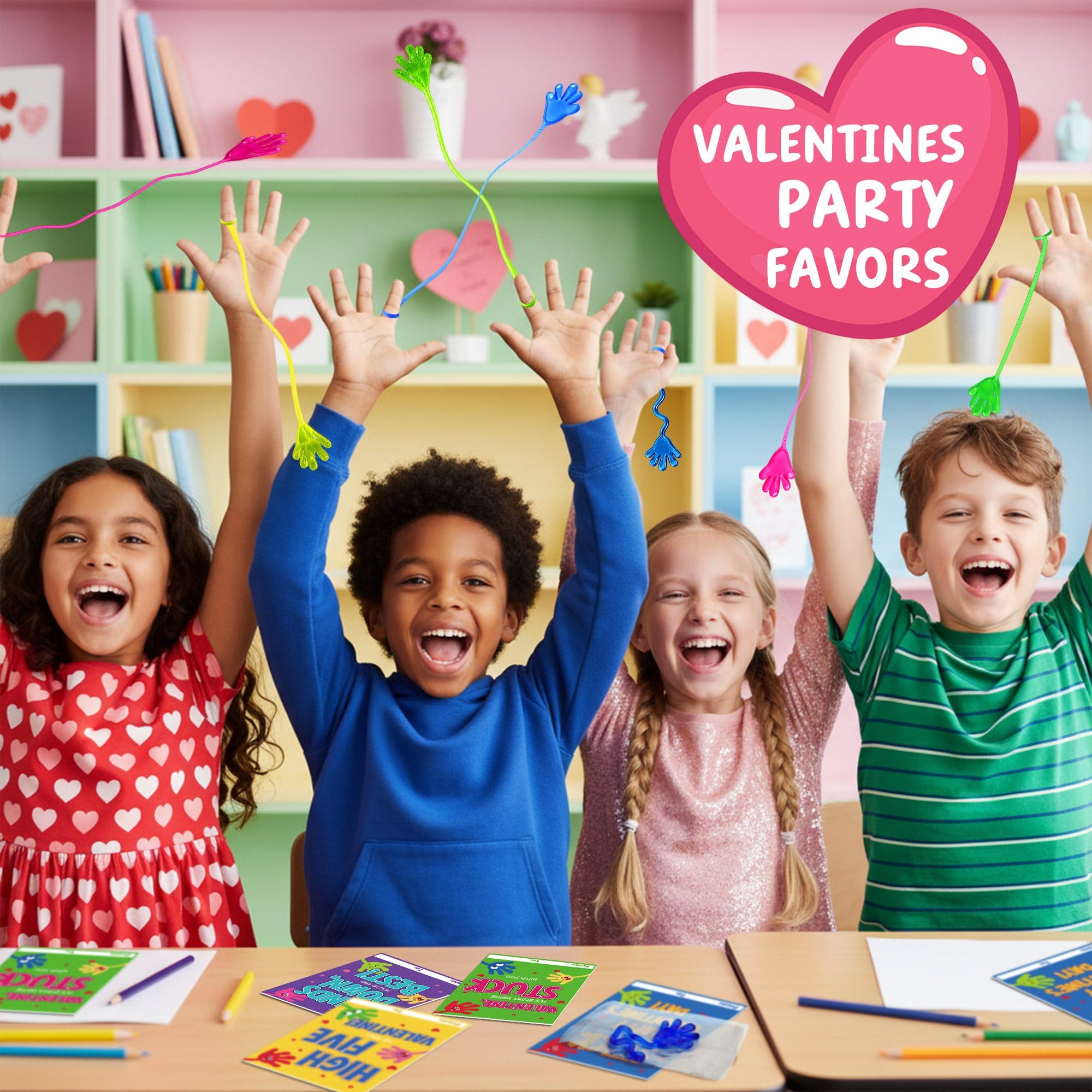 Juchuar valentines classroom packaging shows 48 cards and 48 sticky hands