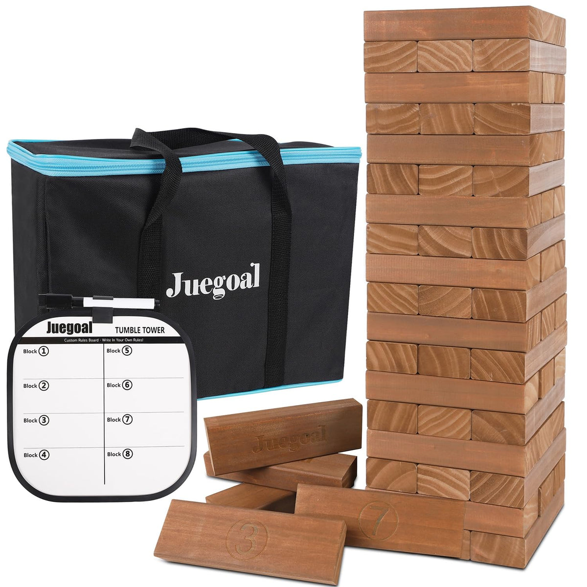 Juegoal 54-piece tumble tower blocks set up for backyard play and family fun