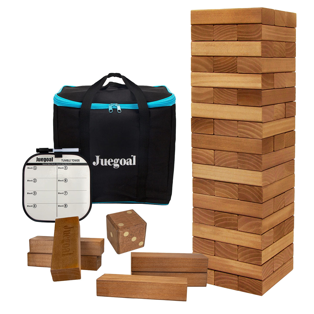 Juegoal giant tumble tower setup with stacked blocks for family fun indoors or outdoors.