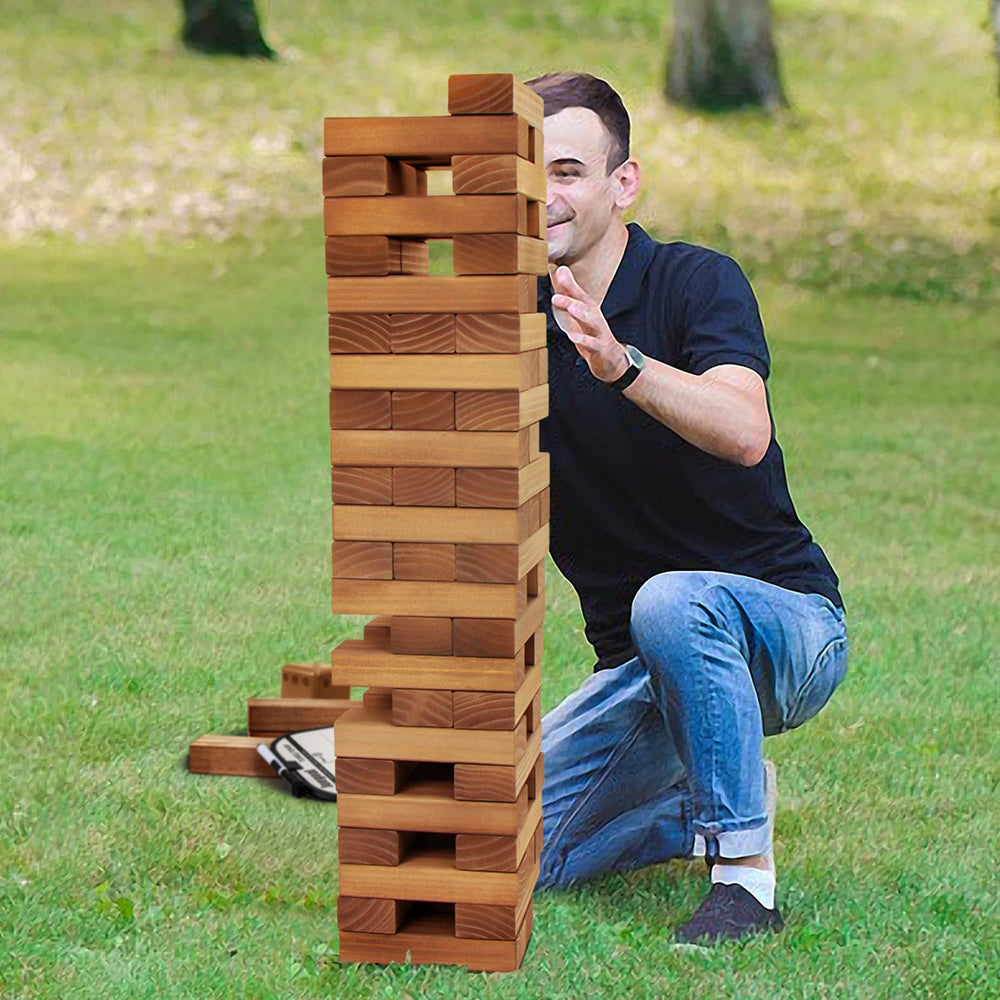 Juegoal giant tumble tower wooden texture closeup emphasizing durable hardwood.