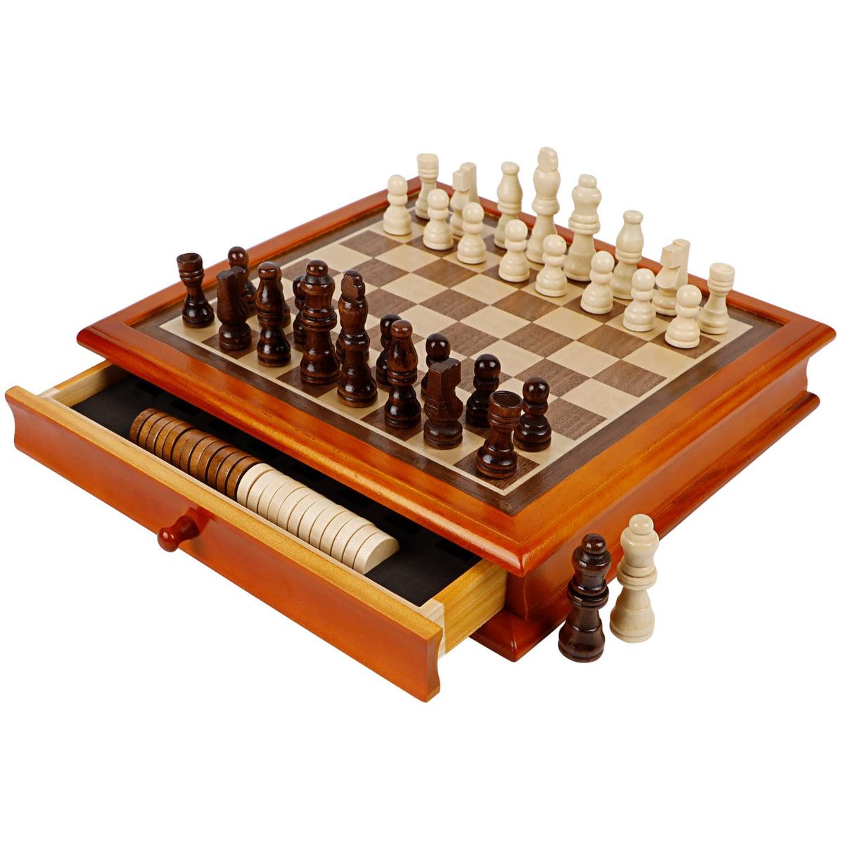Juegoal wooden chess and checkers board with built-in storage for easy transport.