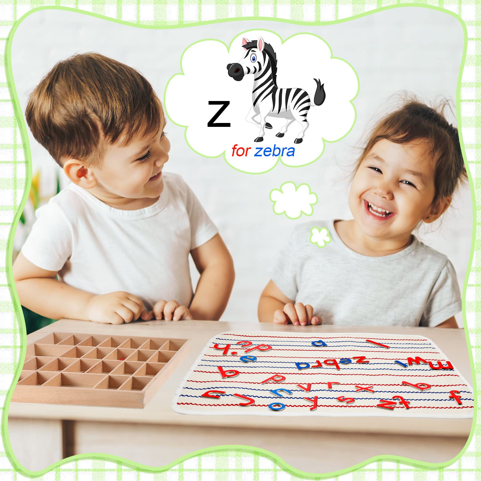 Montessori-style tray and letters support independent play and organization