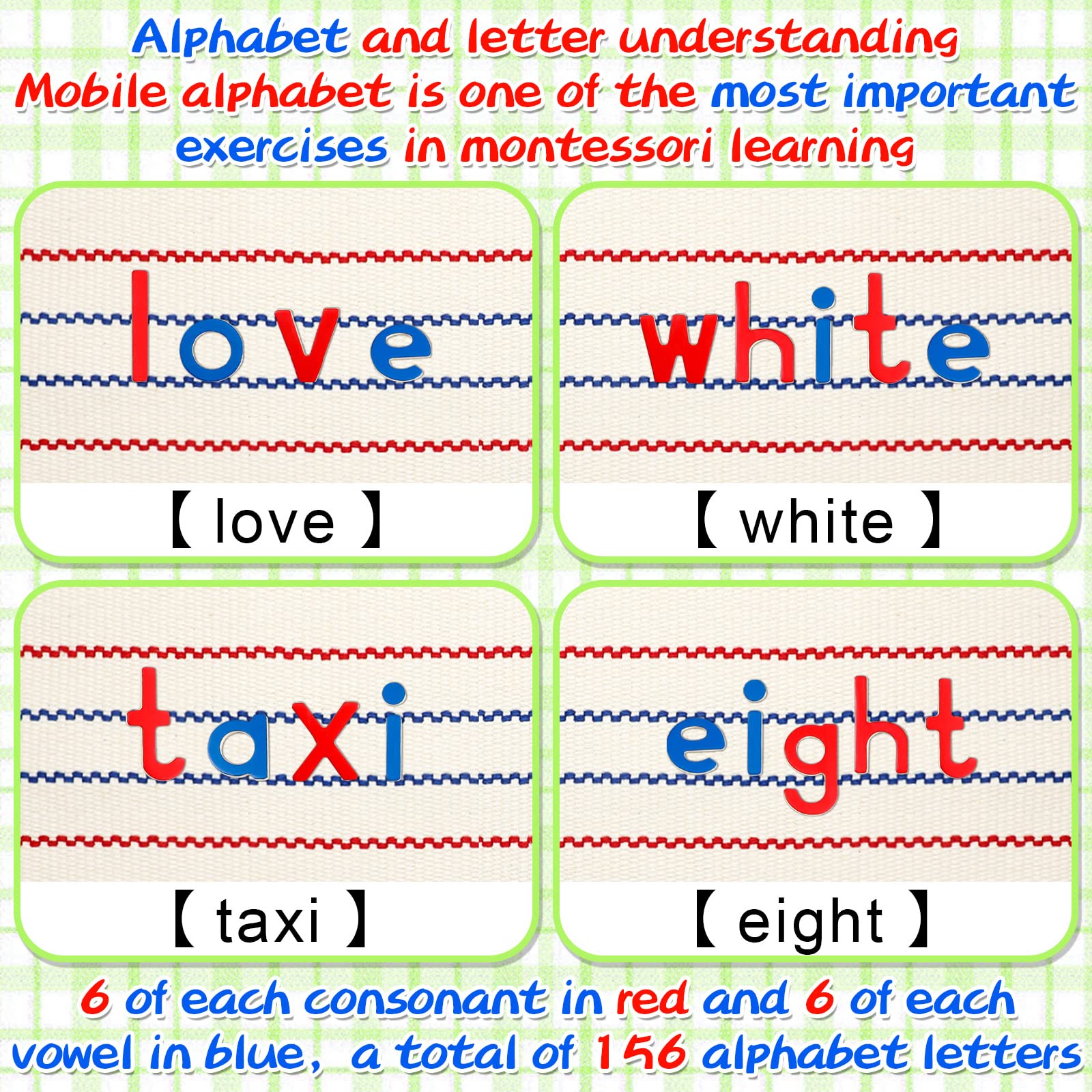 Wooden alphabet letters in red consonants and blue vowels for pattern learning