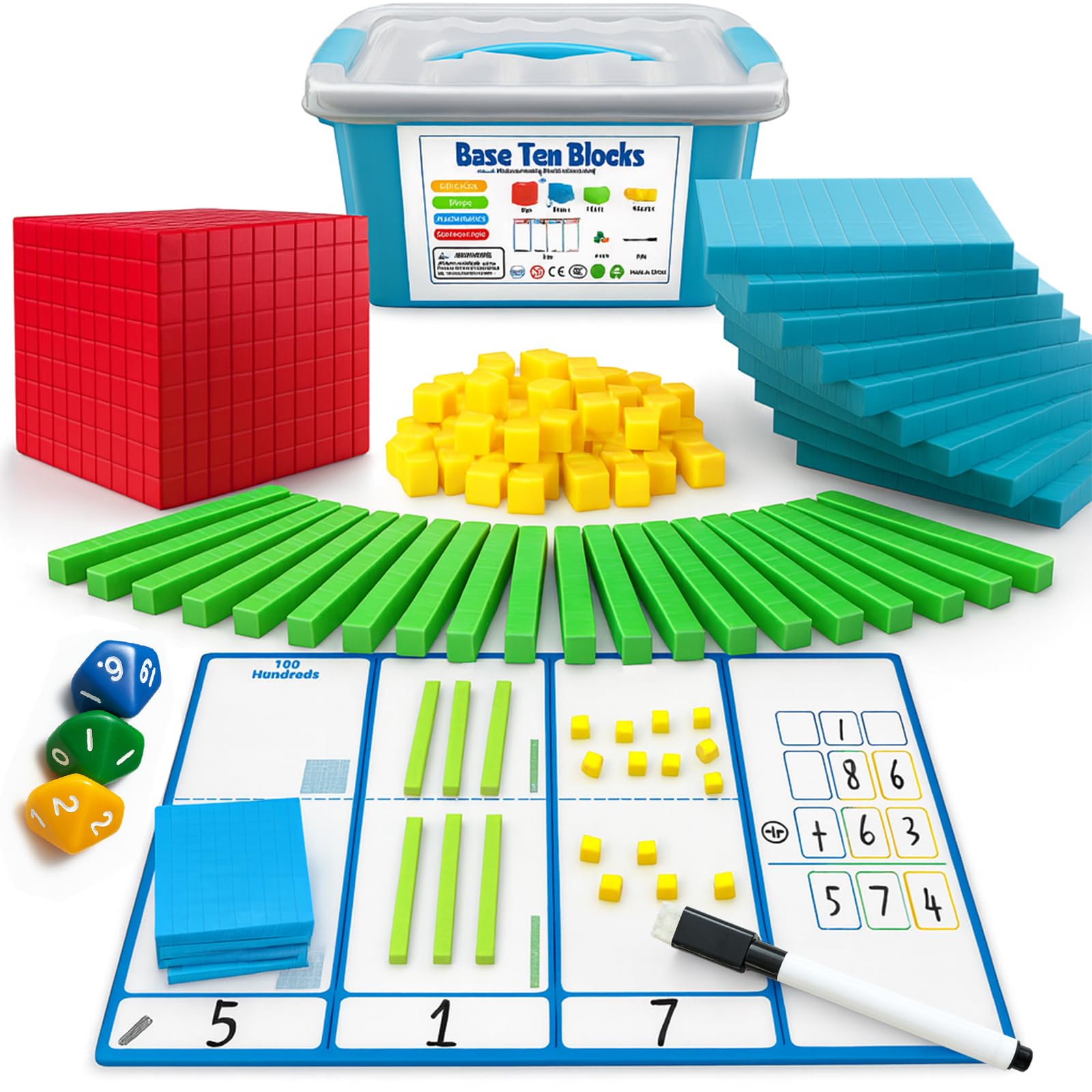 JUGGPENG Base Ten Blocks Kit for hands-on place value learning and counting activities
