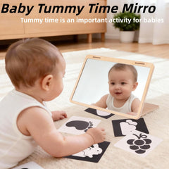 Juhg tummy time mirror showing double-sided design with card display rack.