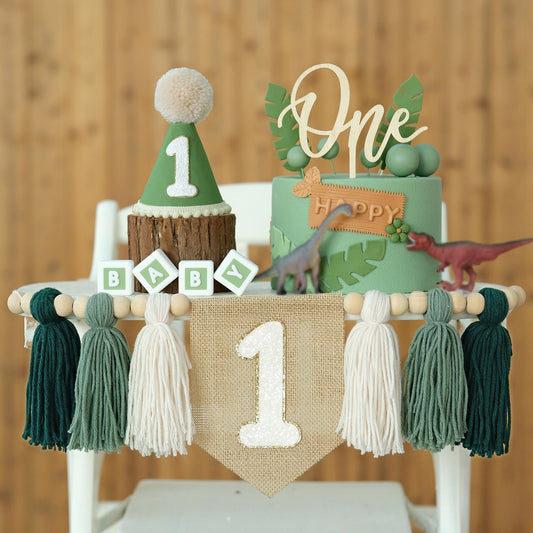 JUIIZAY first birthday green high chair banner as a bright photo backdrop for memories