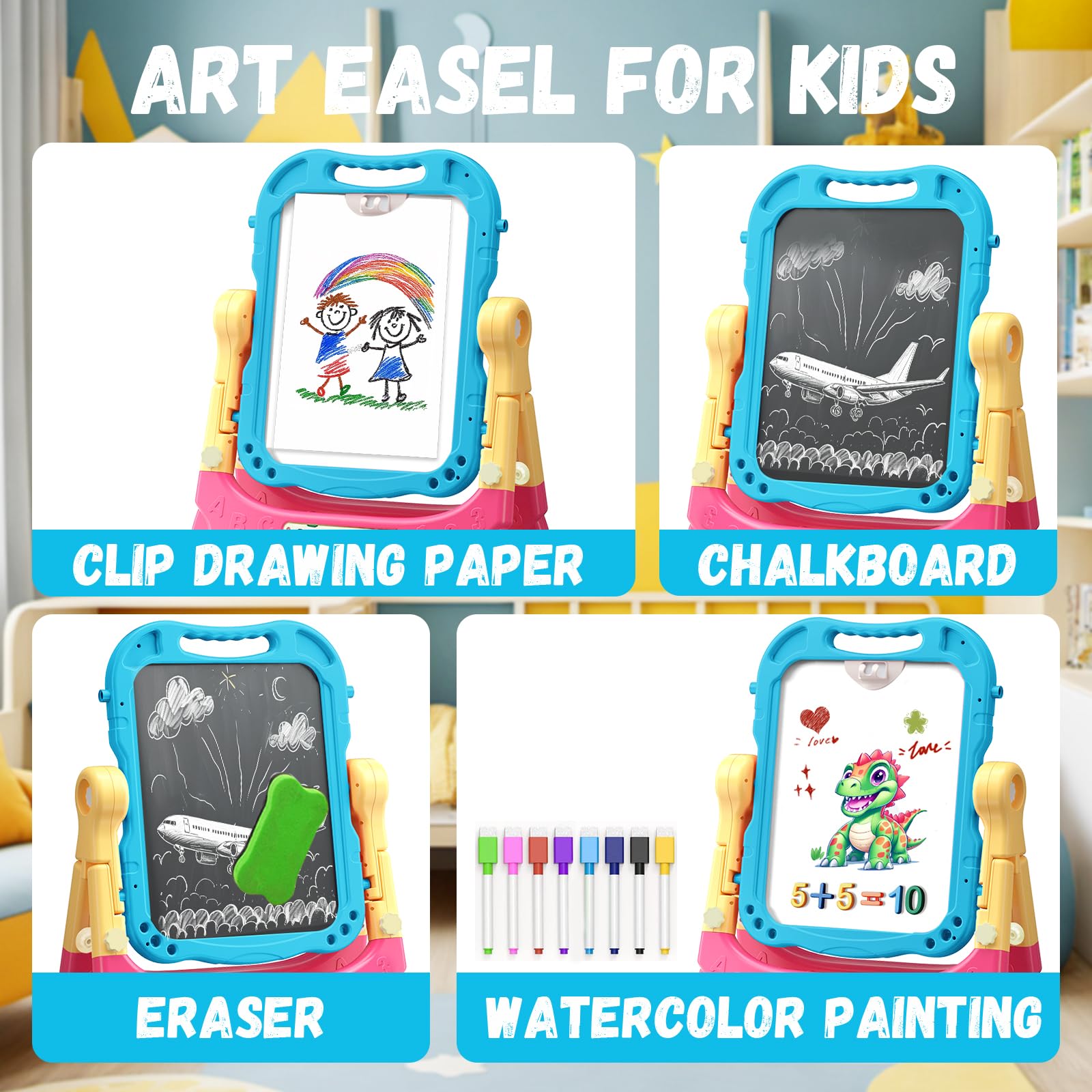 Juivin Art Easel Blue magnetic tiles enable letters and numbers learning.