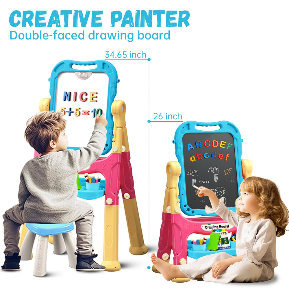 Juivin Art Easel Blue side view showing adjustable legs for growing kids.