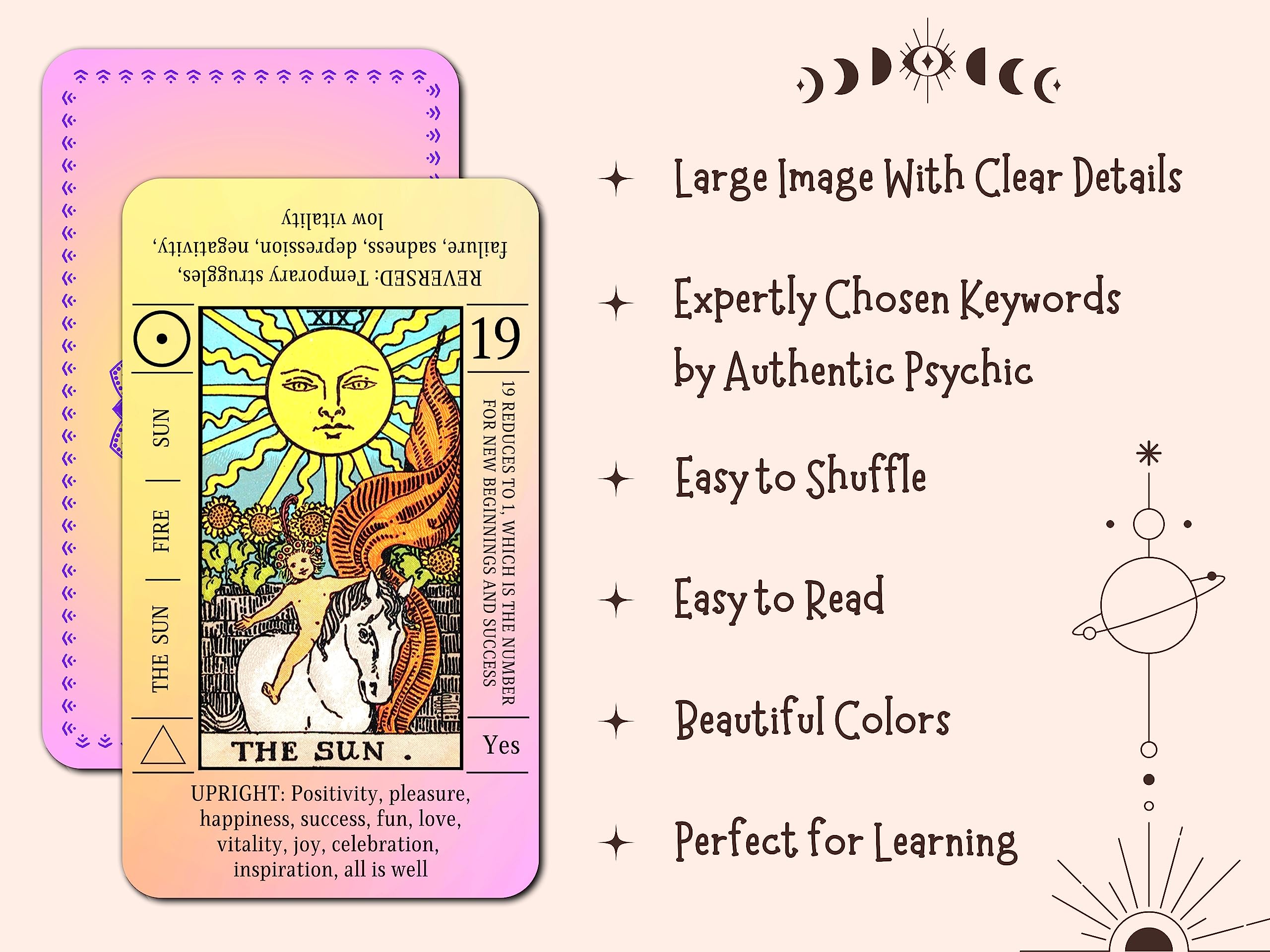 JUJU'S VIBES Sunset Tarot Cards show on-card meanings and reversed keywords for fast study.