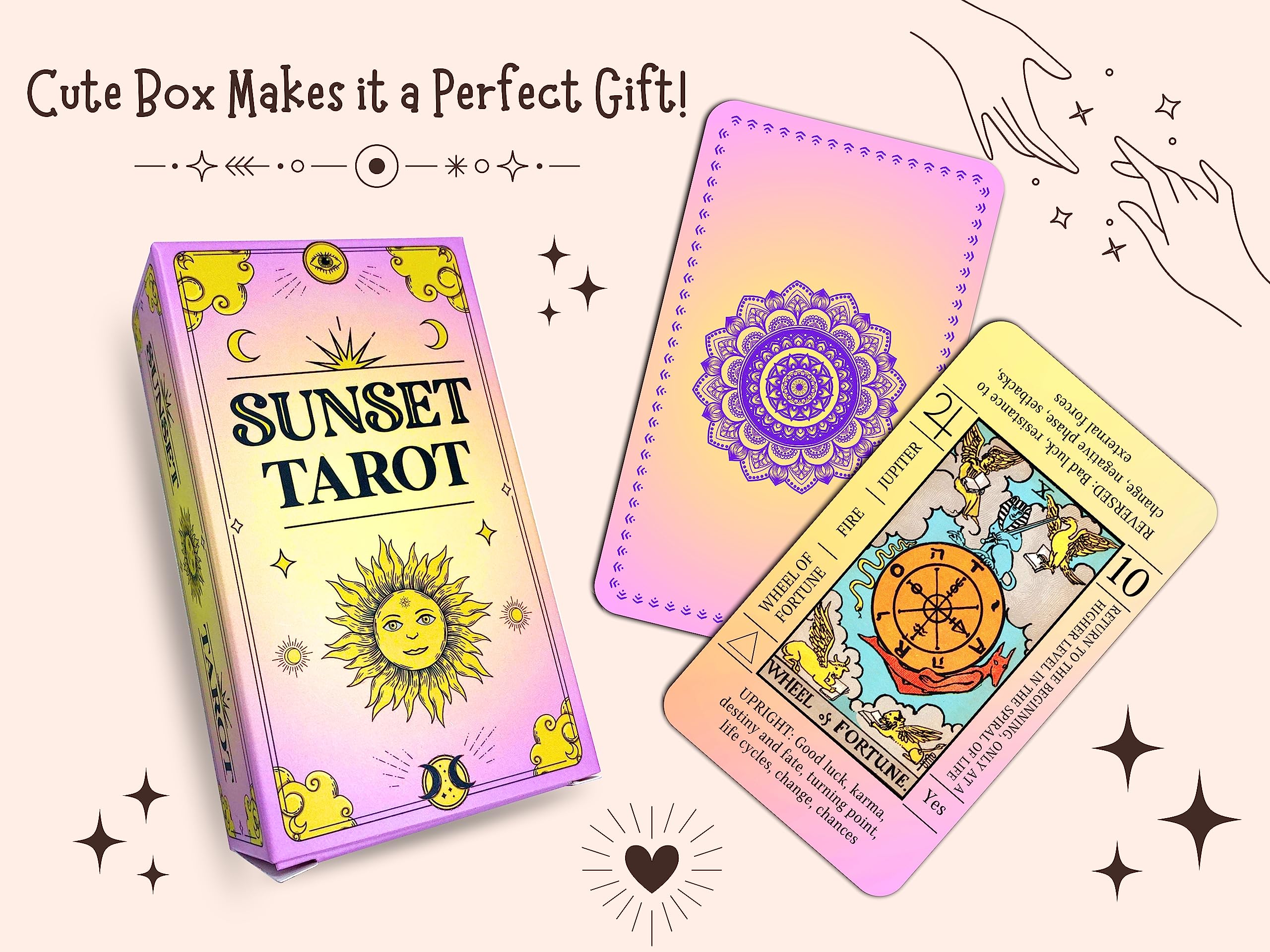 JUJU'S VIBES Sunset Tarot Deck packaging presents a charming gift-ready box.