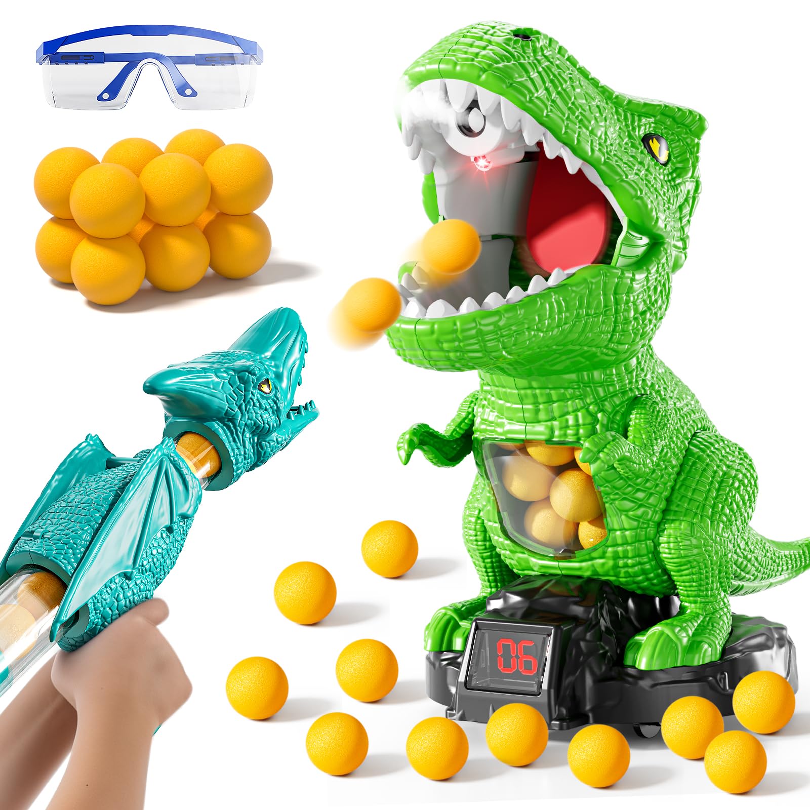 JUKUDAHU dinosaur shooting toy with dynamic dino and scoreboard for friendly competition.