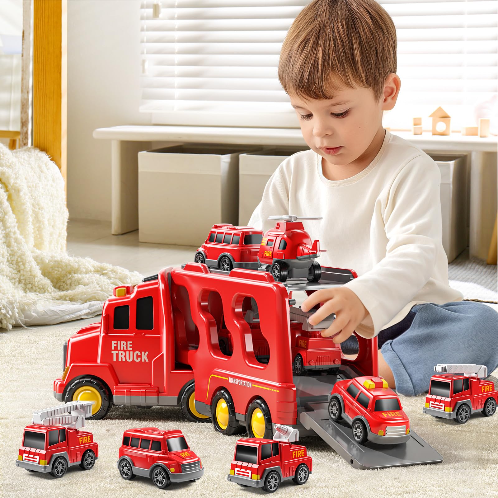 JUKUDAHU ladder truck with 180-degree cab rotates for dexterity play.