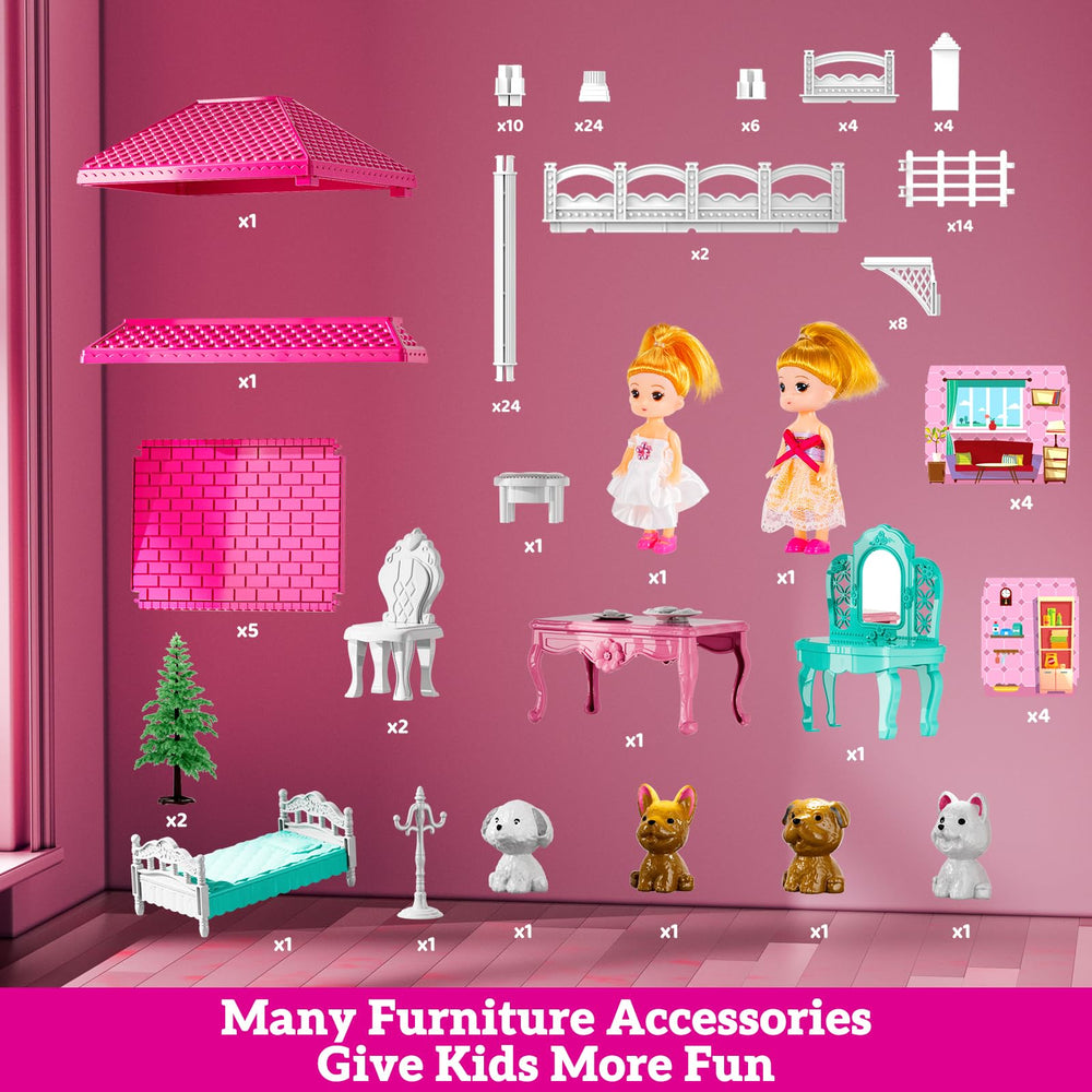 JUKUDAHU Pink Villa Playset assembly moment showing quick setup and rebuild options