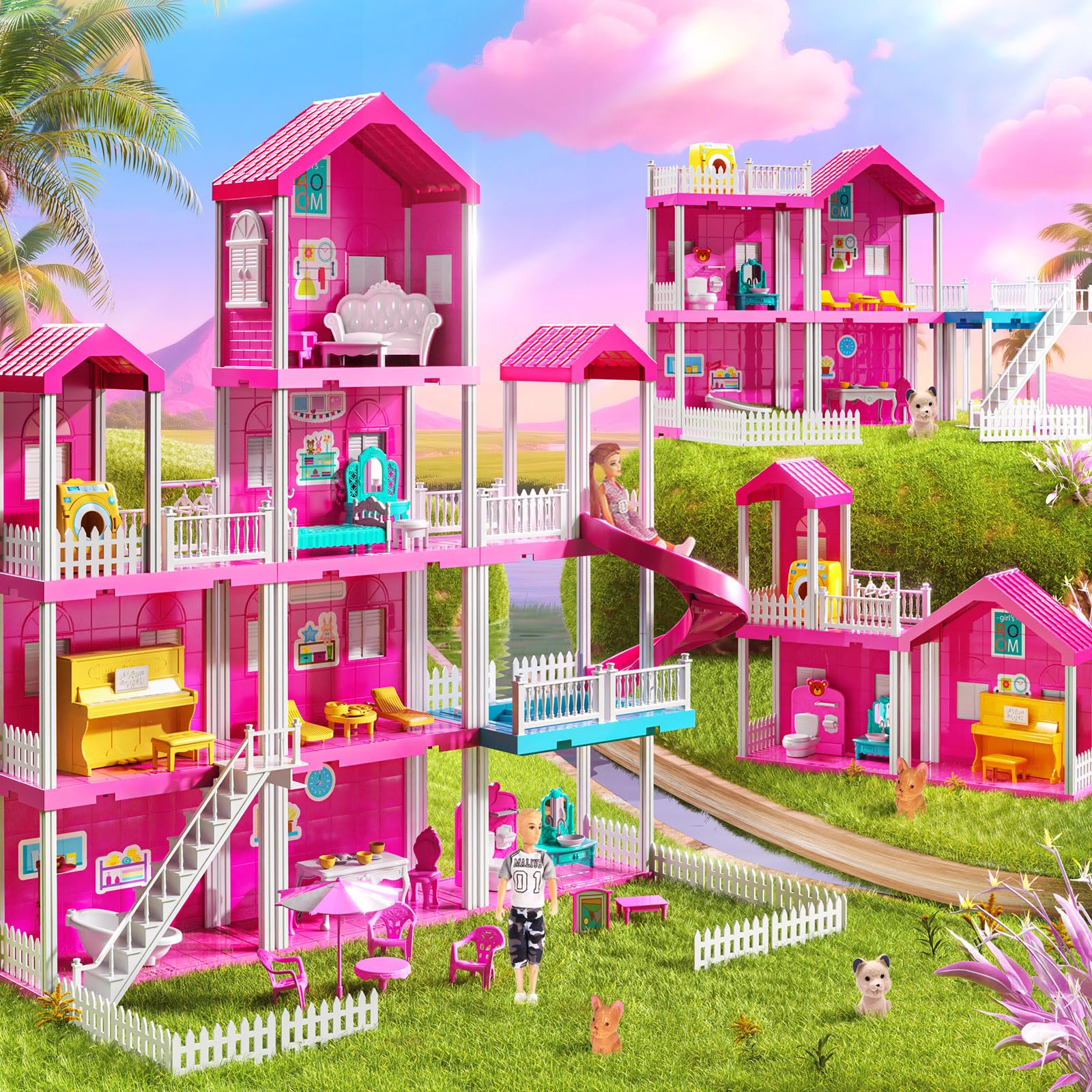 JUKUDAHU Pink Villa Playset includes two dolls to support cooperative role-play