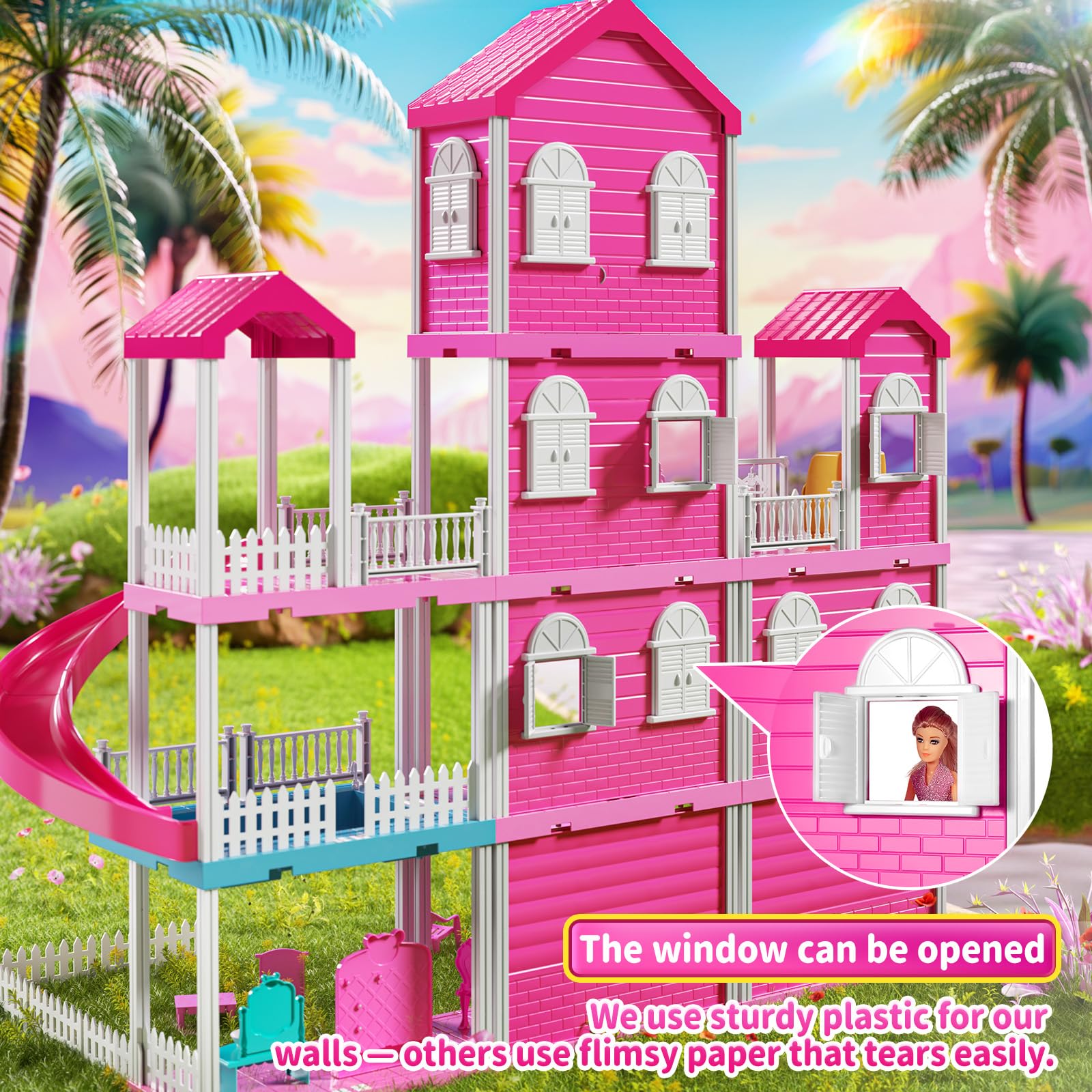 JUKUDAHU Pink Villa Playset slide and pool area for active play
