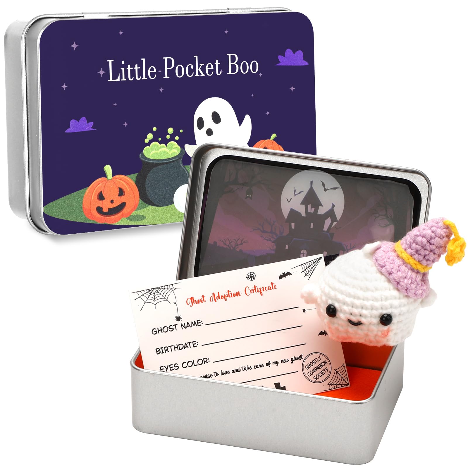 JULEASEL Little Pocket Boo ghost with purple hat for cozy storytelling.