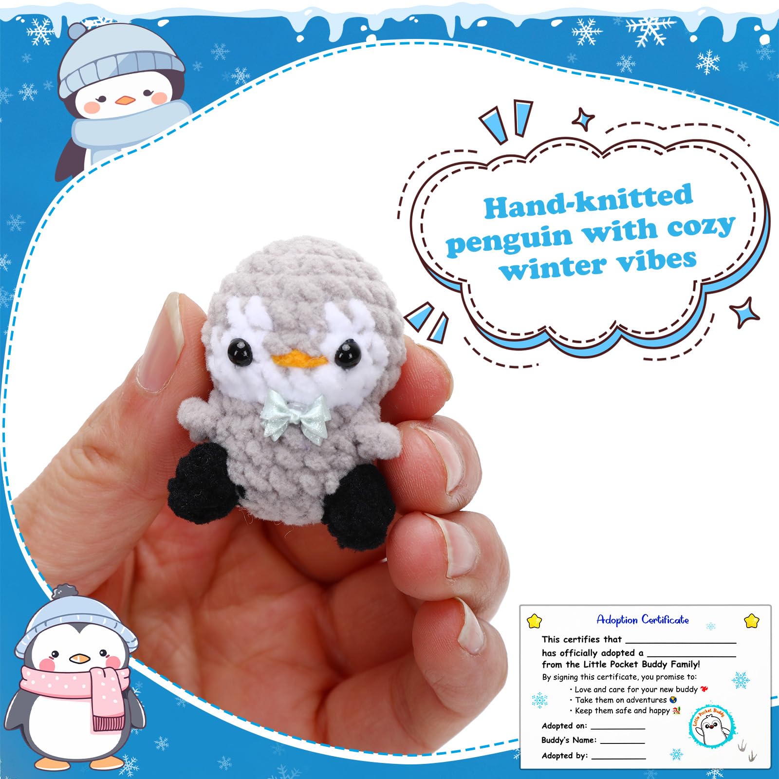 JULEASEL Little Pocket Penguin snowy felt background enhances mini winter scene.