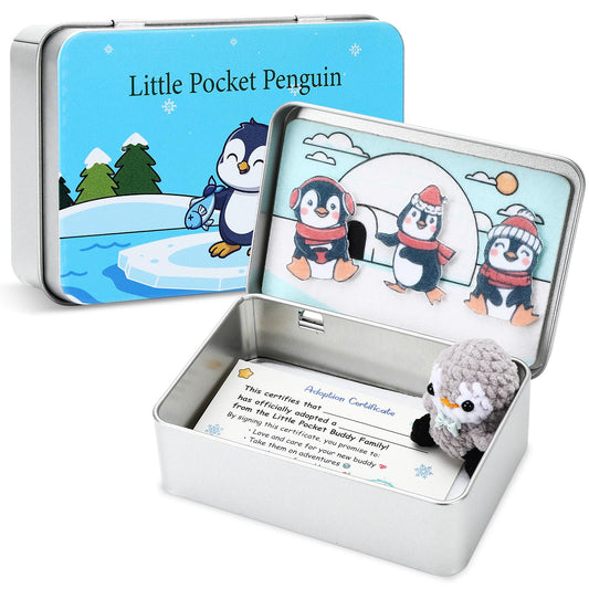 JULEASEL Little Pocket Penguin in tin box with snowy scene for calm moments.