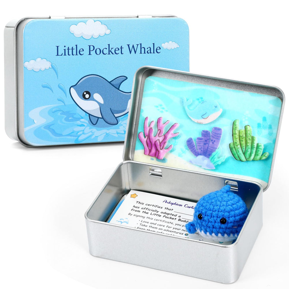 JULEASEL Little Pocket Whale tin featuring a calm blue whale, ideal desk companion for mindful moments.