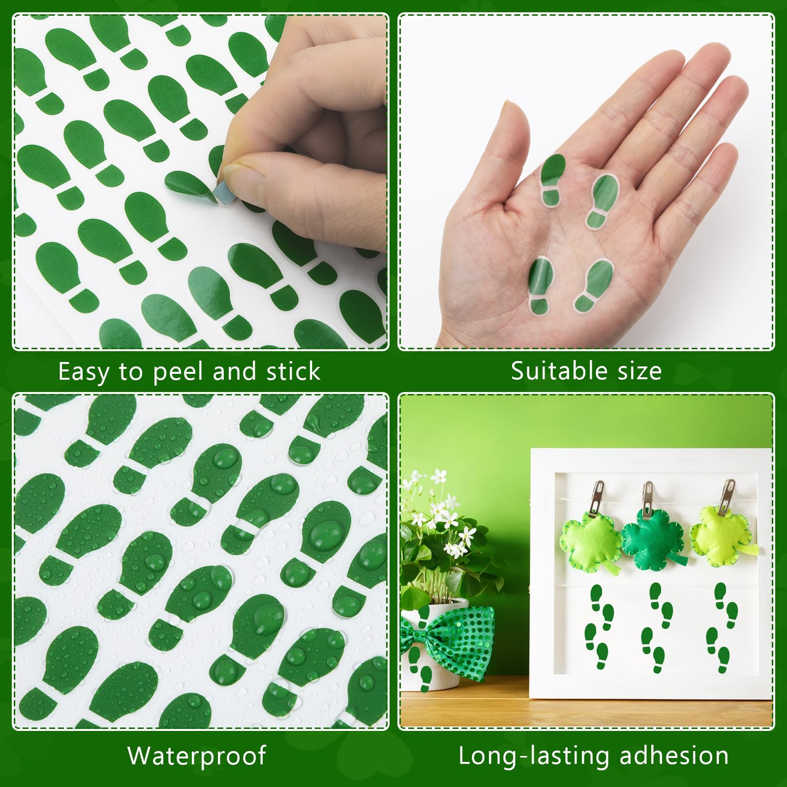 JULMELON leprechaun footprints stickers close-up with durable, reusable design