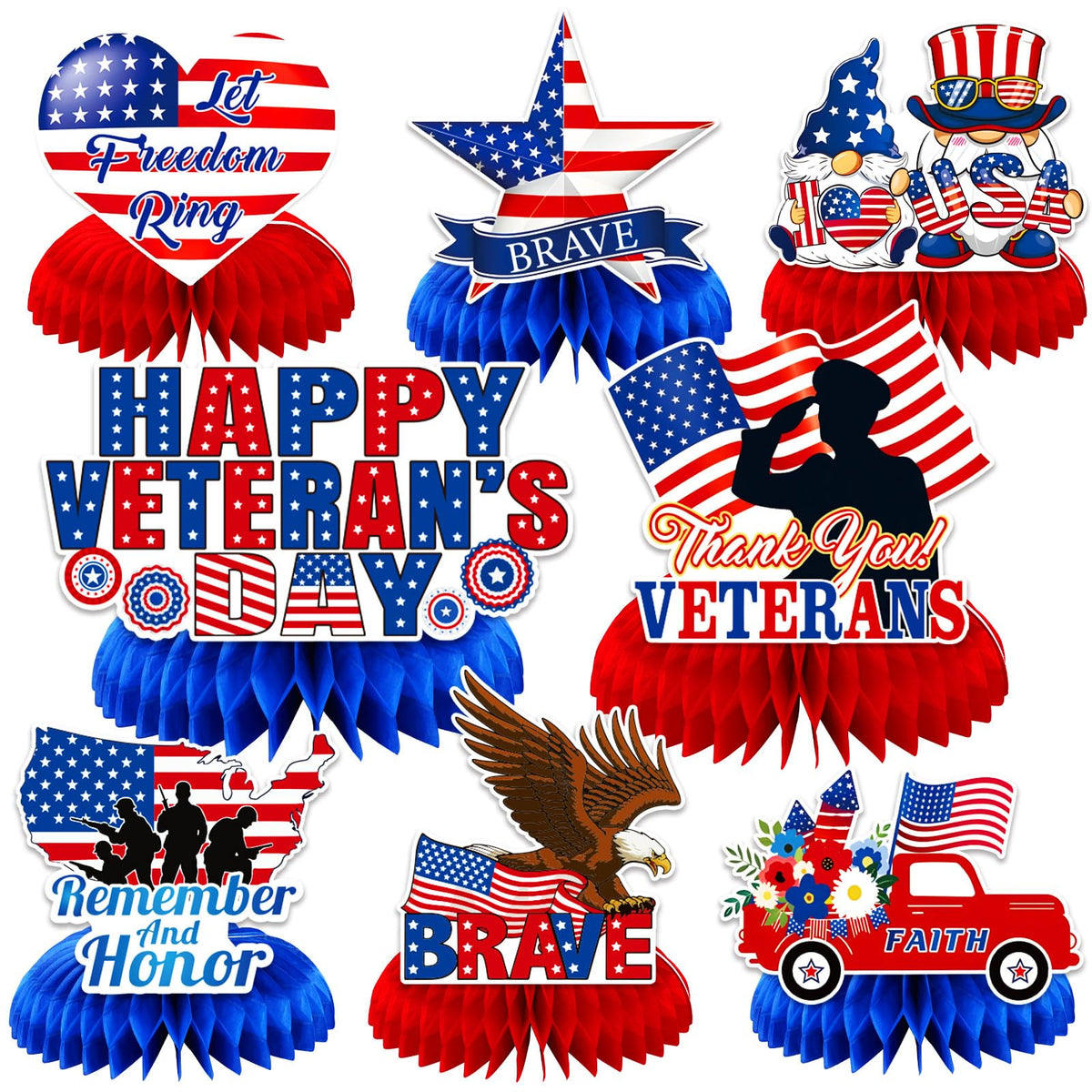Julmelon Veterans Day honeycomb centerpiece assembly enhances table decor with a sturdy, reusable design.