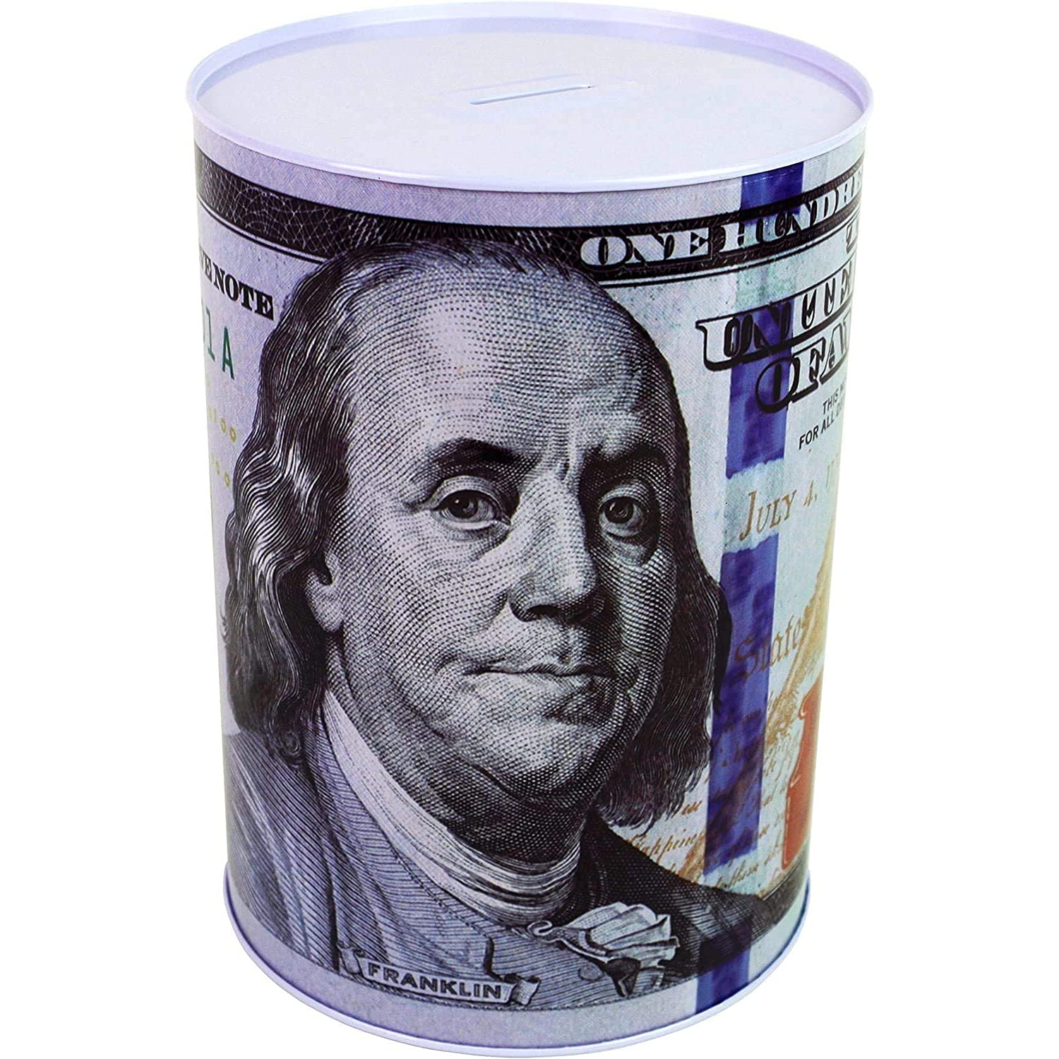 Julysgift 100 dollar piggy bank front view showing the print and form