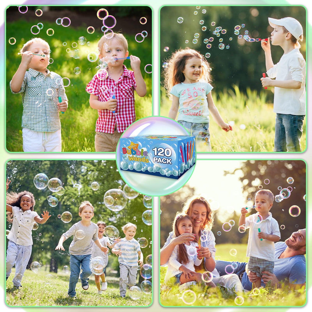 Jumlys 120 piece bubble wands pack bulk party favors for large gatherings.
