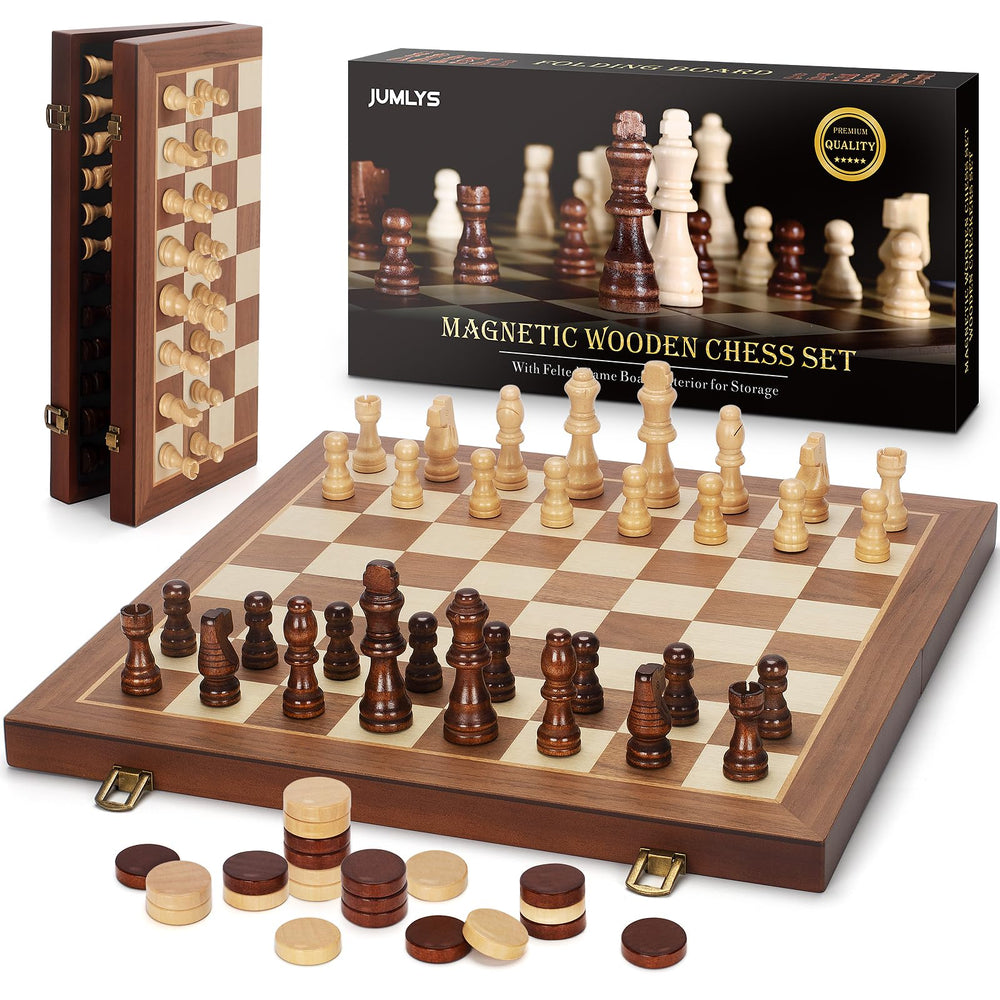 Jumlys 2-in-1 magnetic chess board with checkers for travel-ready play.