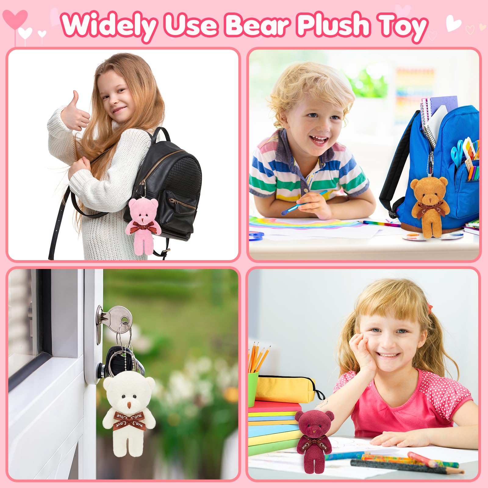 Jumlys plush bear keychains attached to a kid's backpack