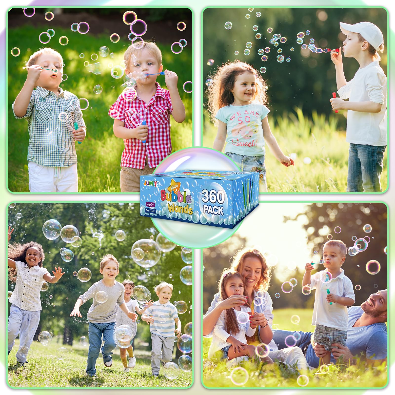 Jumlys bubble wand packaging display shows bulk party favors in action
