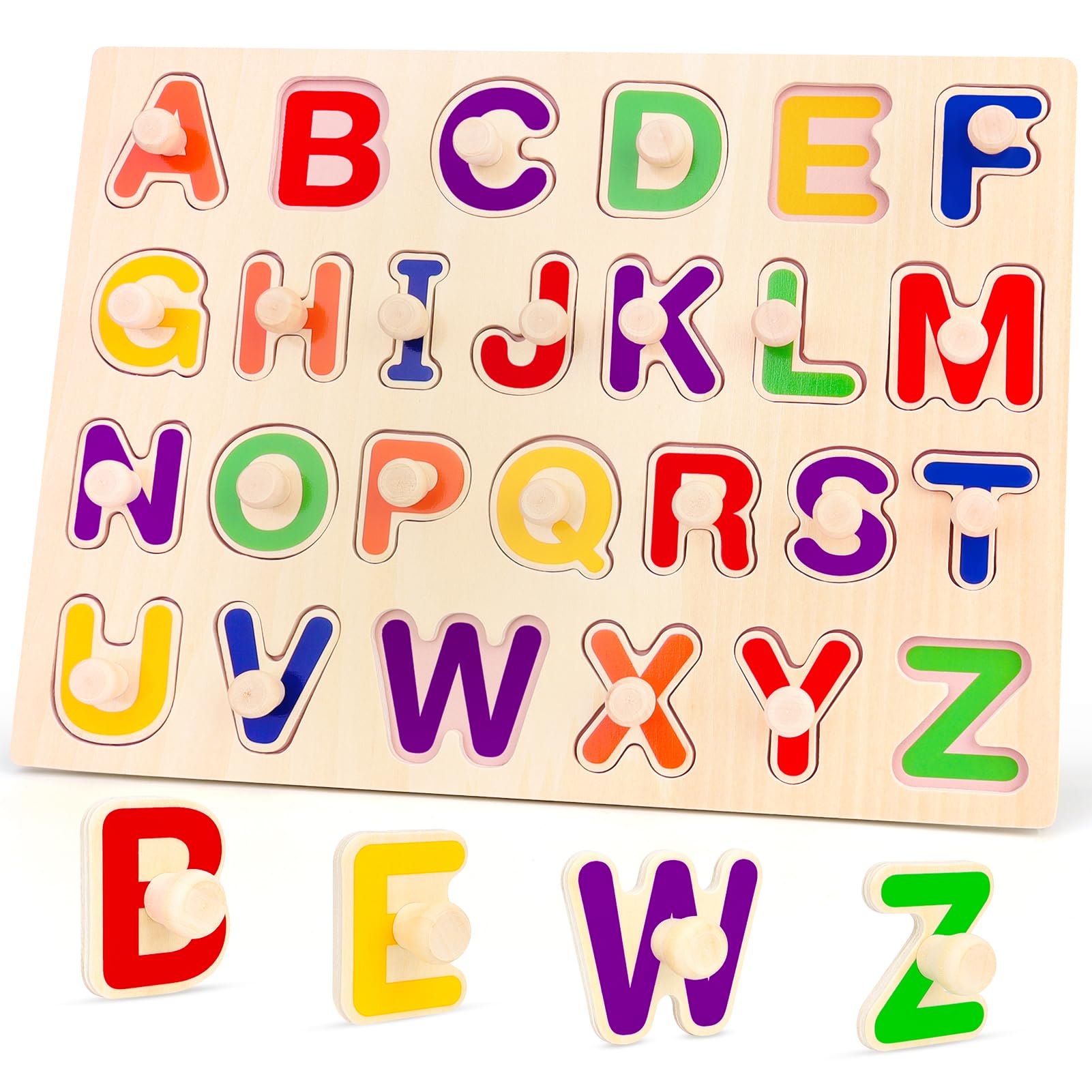 Jumlys Montessori wooden alphabet puzzle shows letters for early recognition during play.