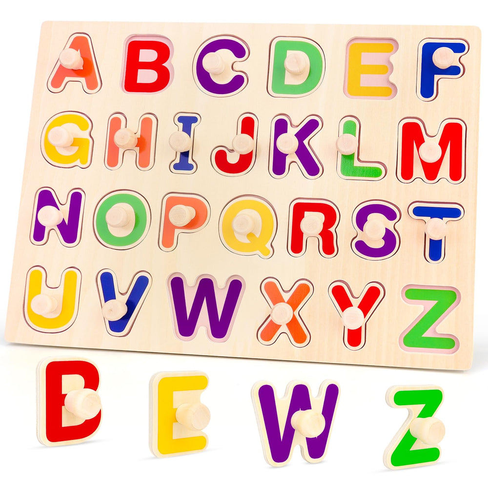 Jumlys Montessori wooden alphabet puzzle shows letters for early recognition during play.