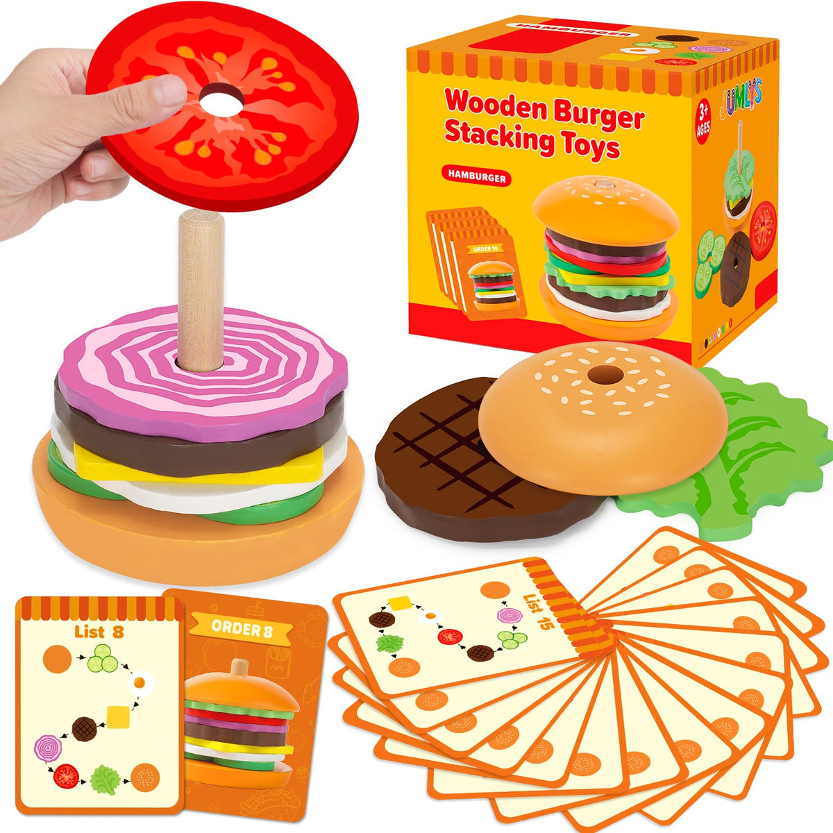 Jumlys Montessori wooden burger base with cards supports early focus during pretend play.