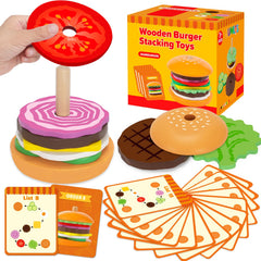 Jumlys Montessori wooden burger base with cards supports early focus during pretend play.