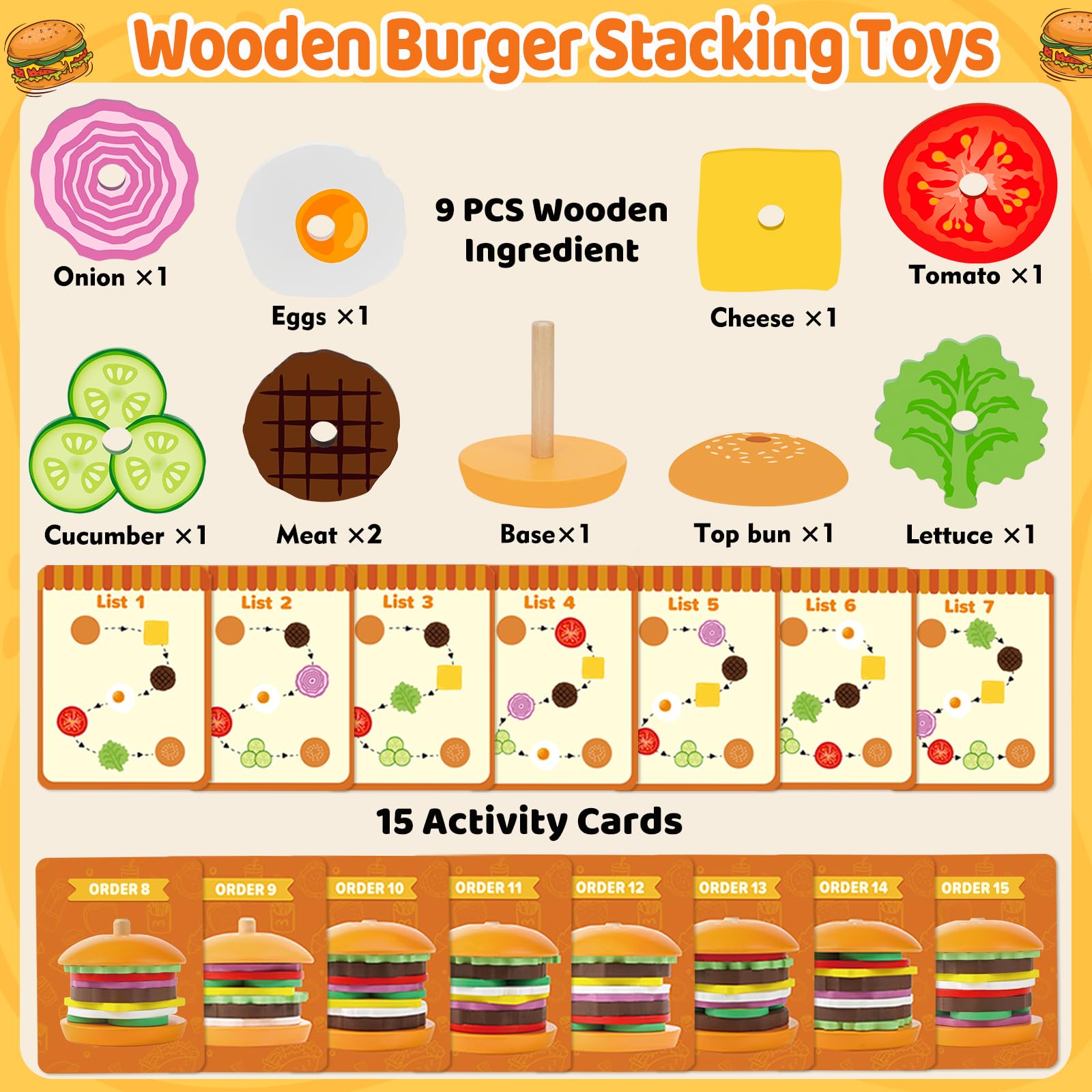 Jumlys Montessori wooden burger cards show finished burgers to spark creative cooking.