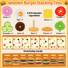 Jumlys Montessori wooden burger cards show finished burgers to spark creative cooking.