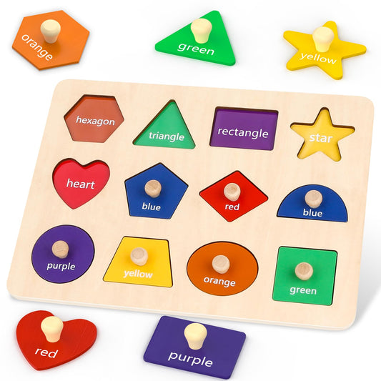 Jumlys Montessori wooden shape puzzle with 12 shapes boosts early recognition and dexterity.