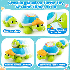 Jumlys musical turtle in crawling mode with cheerful tunes for tummy time.