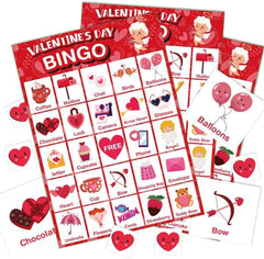 Jumlys Valentines bingo card for 32 players, ideal for group play.