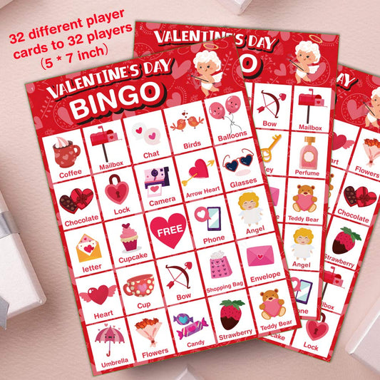 Jumlys Valentines bingo patterns with 36 festive designs.