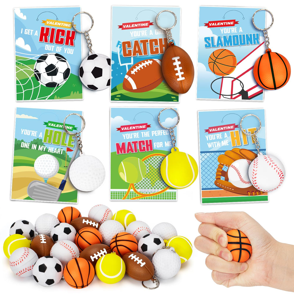 Jumlys Valentines cards with sport-stress ball keychains for classroom gift exchanges