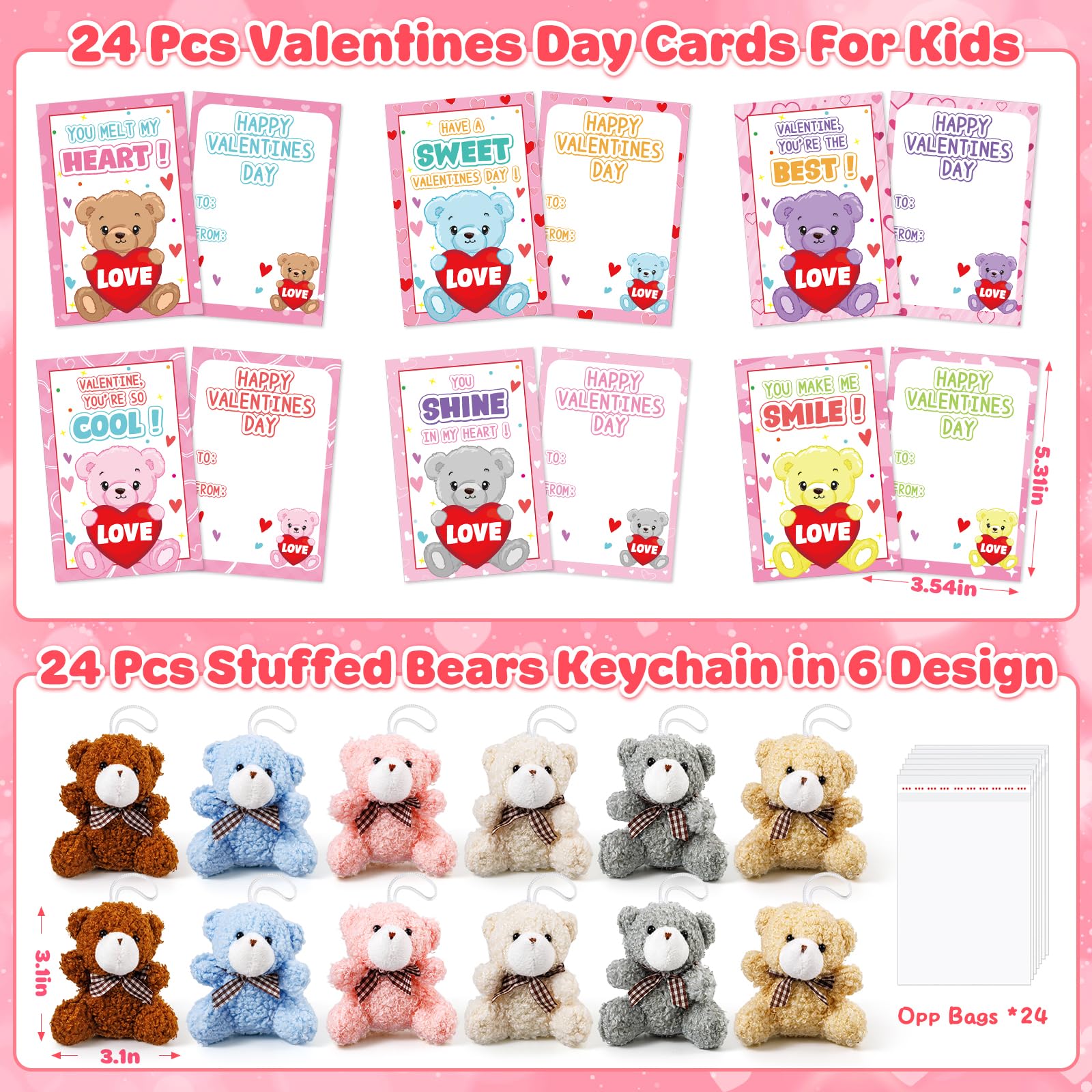 Jumlys Valentines plush bear keychains in six colors, perfect for backpacks and gifts